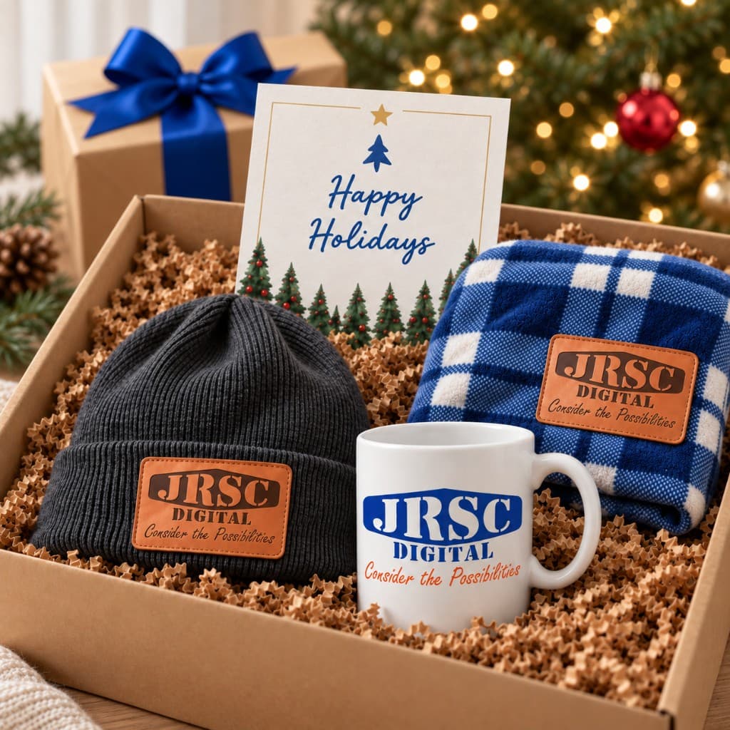 Team Appreciation Kit with a blanket, beanie, mug, holiday card, and gift box