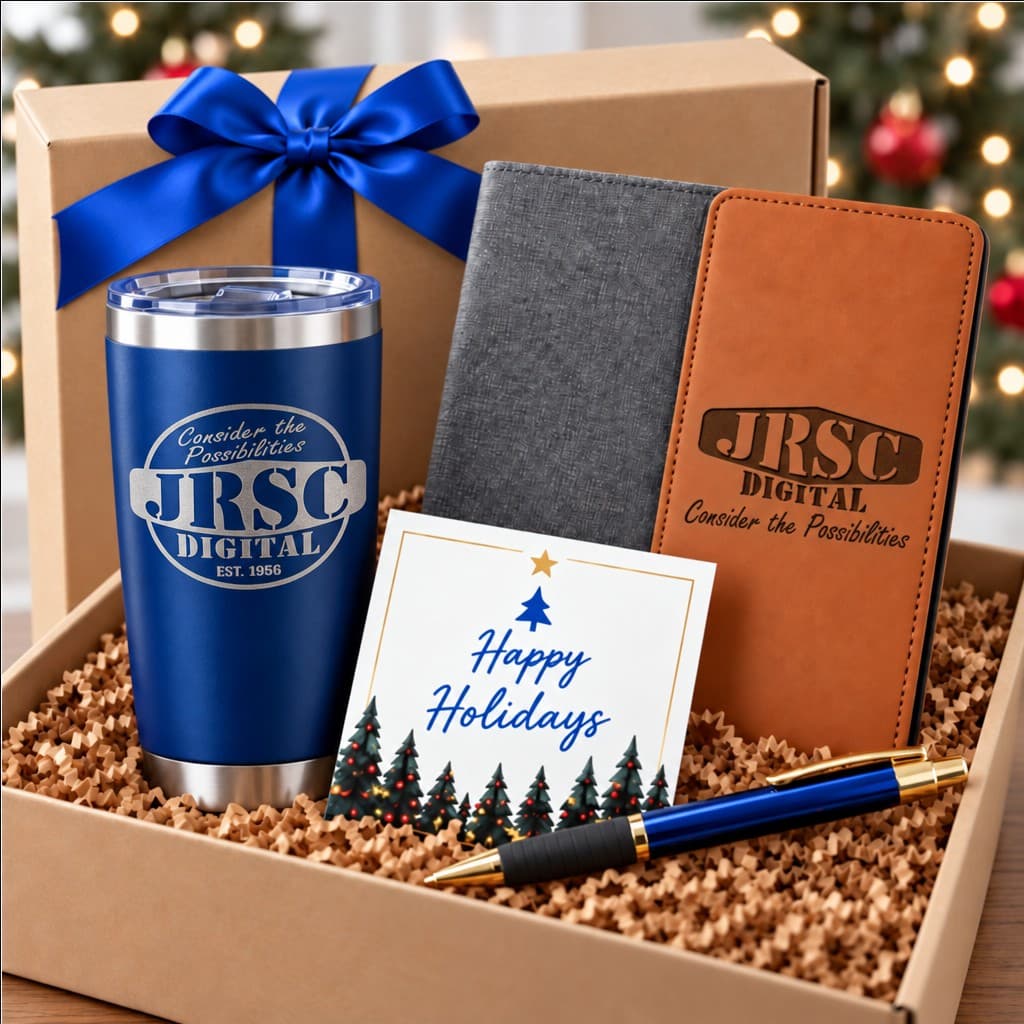Client Thank-You Kit with an engraved tumbler, leatherette notebook, pen, holiday card, and gift box