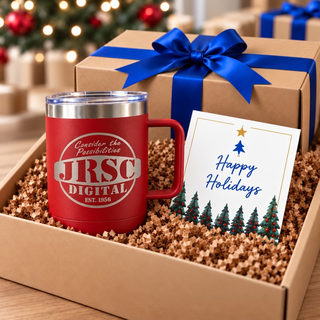 Employee Appreciation Kit 1 with a red engraved coffee mug, holiday card, and gift box