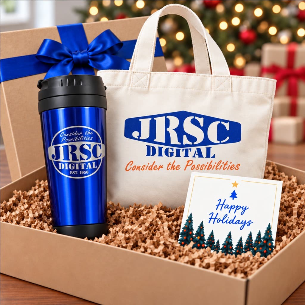 Employee Appreciation Kit 2 with a metallic tumbler, grocery tote, holiday card, and gift box