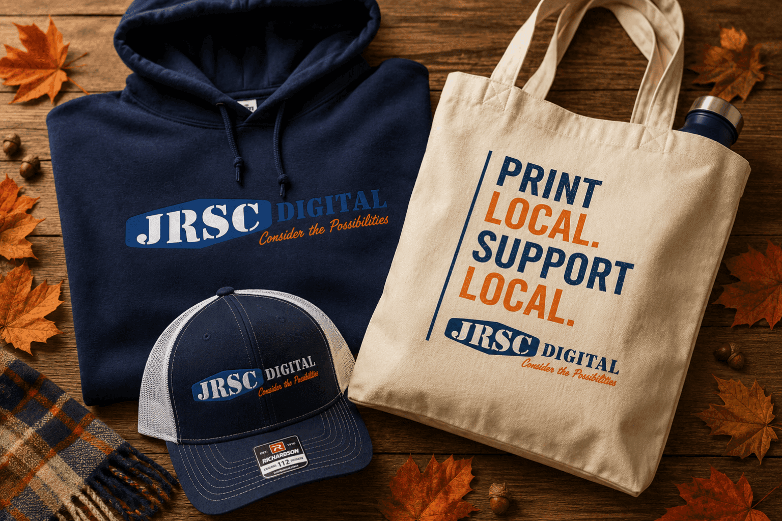 Custom fall apparel including a hoodie, hat, and branded tote