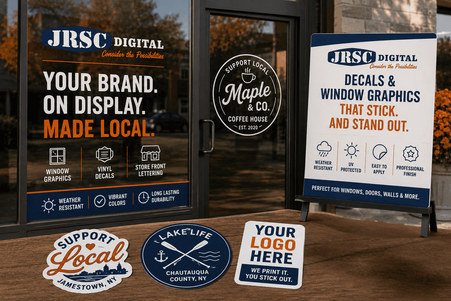 Window graphics, decals, and a sidewalk sign for seasonal storefront promotions