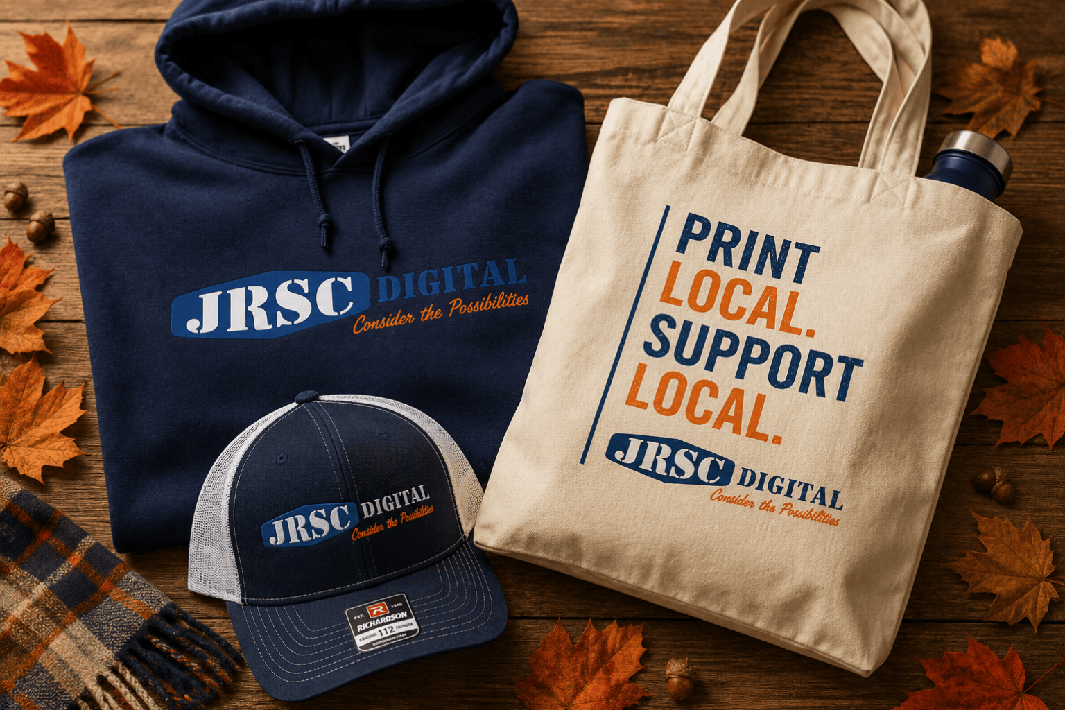 Fall-themed JRSC Digital apparel, hat, and tote bag surrounded by autumn leaves